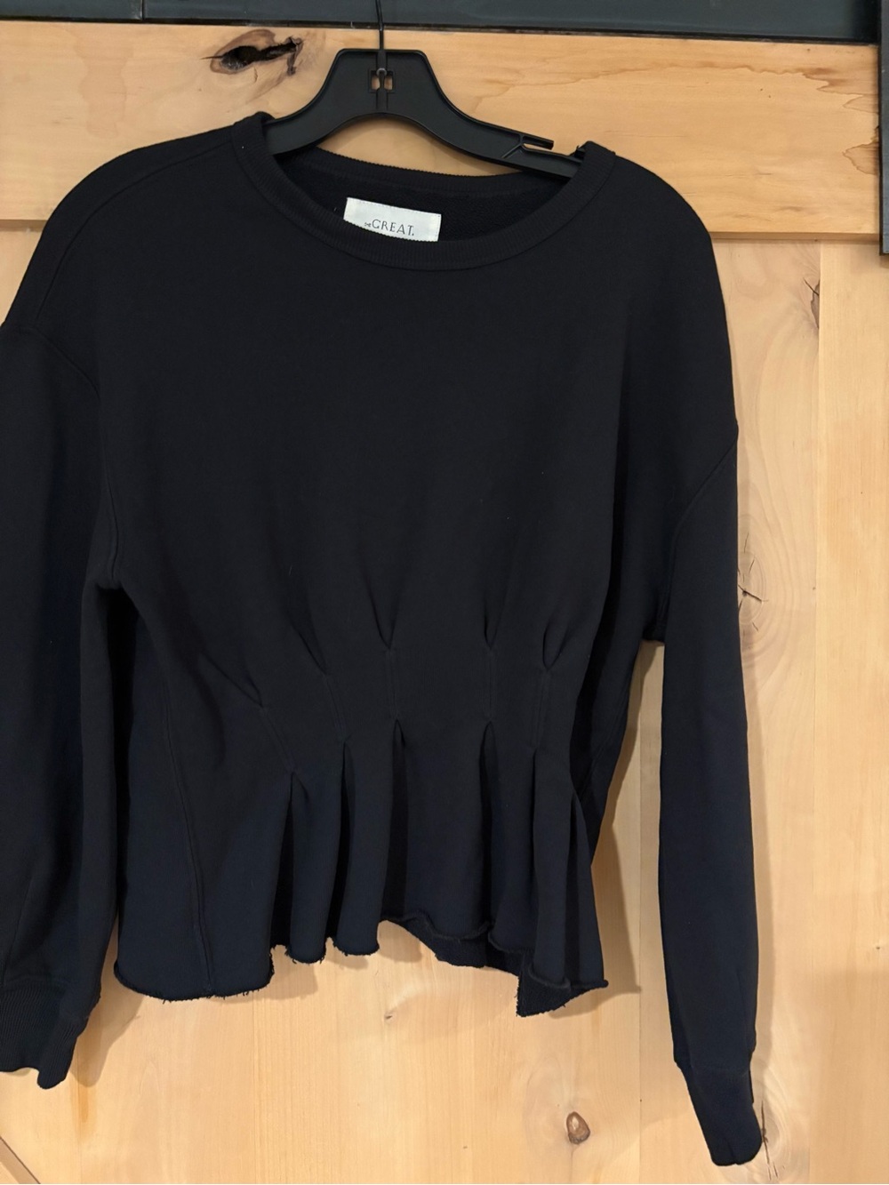 THE GREAT: Black Long Sleeve Pleated Waist Sweatshirt